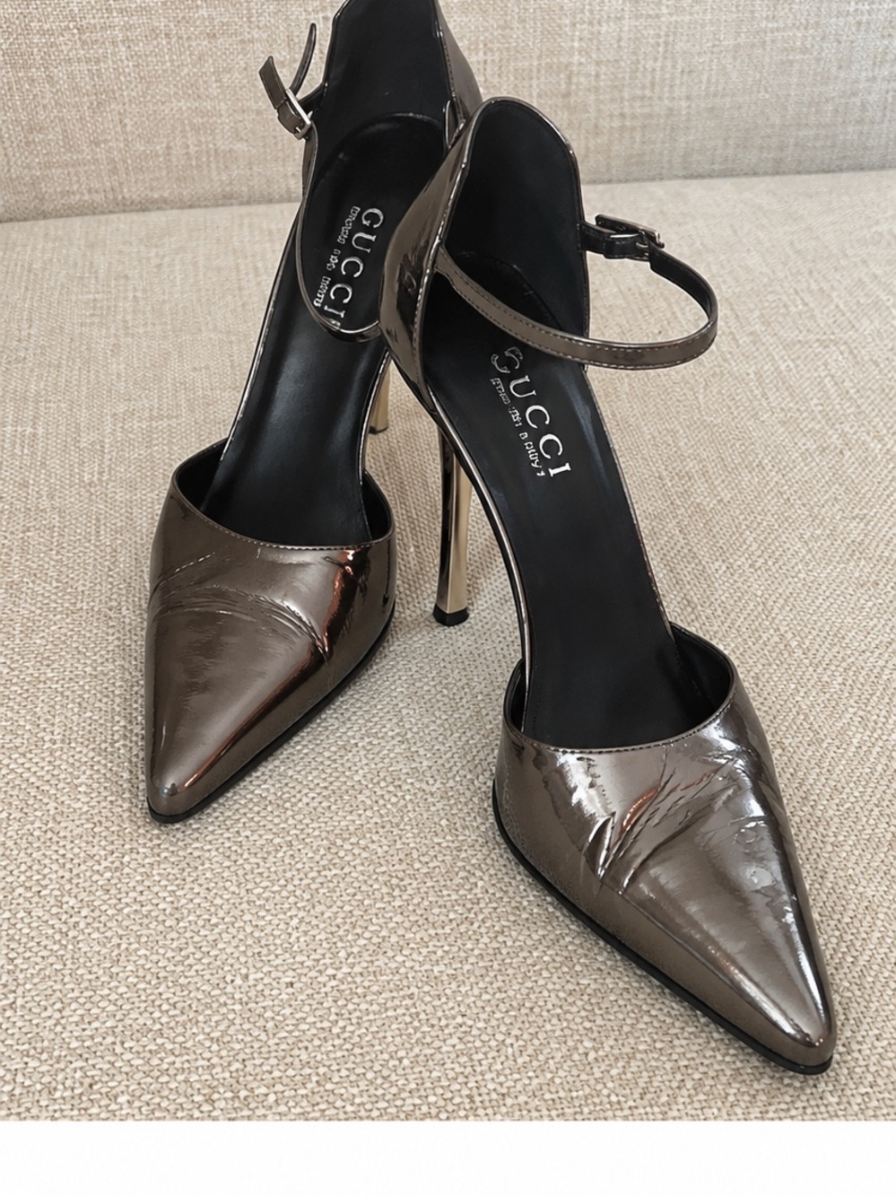 Gucci Pointed Toe Slingback Heels - Metallic Gunmetal
